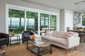 Climate Solutions 9000 Series sliding patio door installed in a living room with a lake view