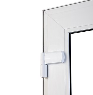 Close-up of the tilt and turn door's concealed hinge hardware
