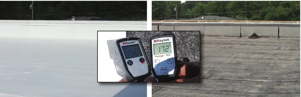 Infrared thermometers comparing a coated white roof with an uncoated dark roof