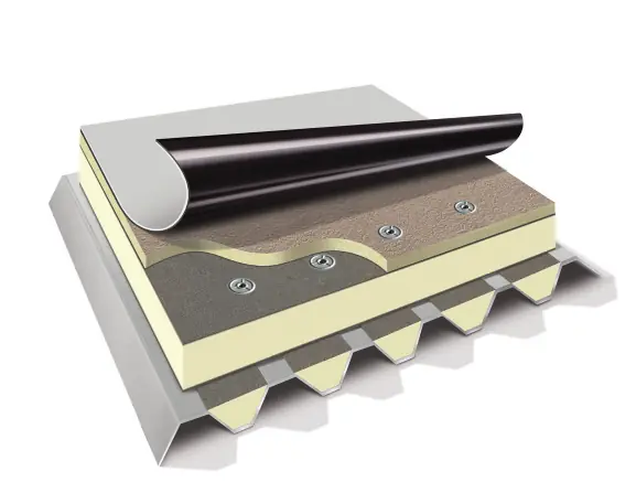 Cutaway of polyiso insulation and membrane over a fluted metal deck