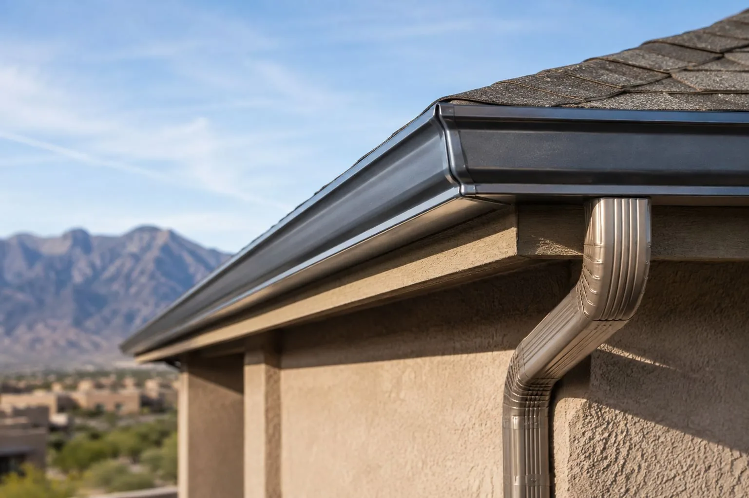 Asphalt shingle roof gutter and downspout on a stucco home, Sandia Mountains in the background, Albuquerque