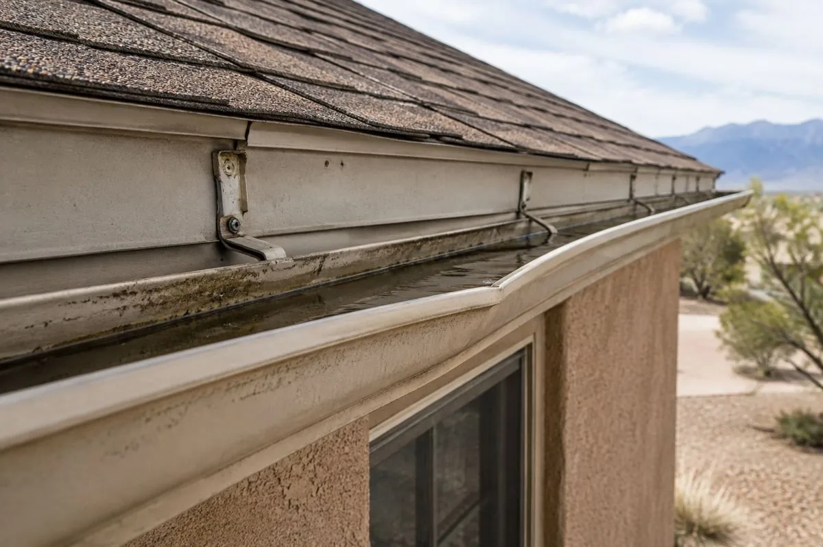 Gutter clogged with debris and standing, algae-stained water