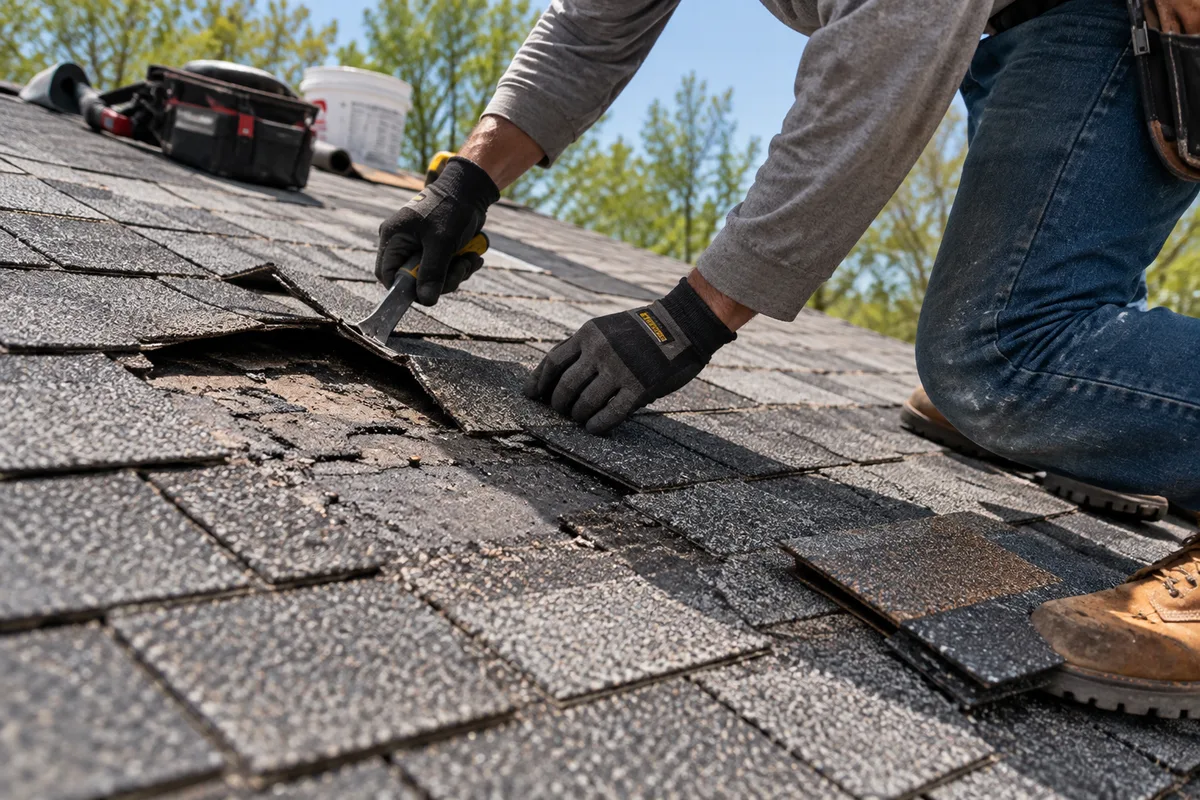 Roofer using a pry bar to remove damaged asphalt shingles during a roof repair