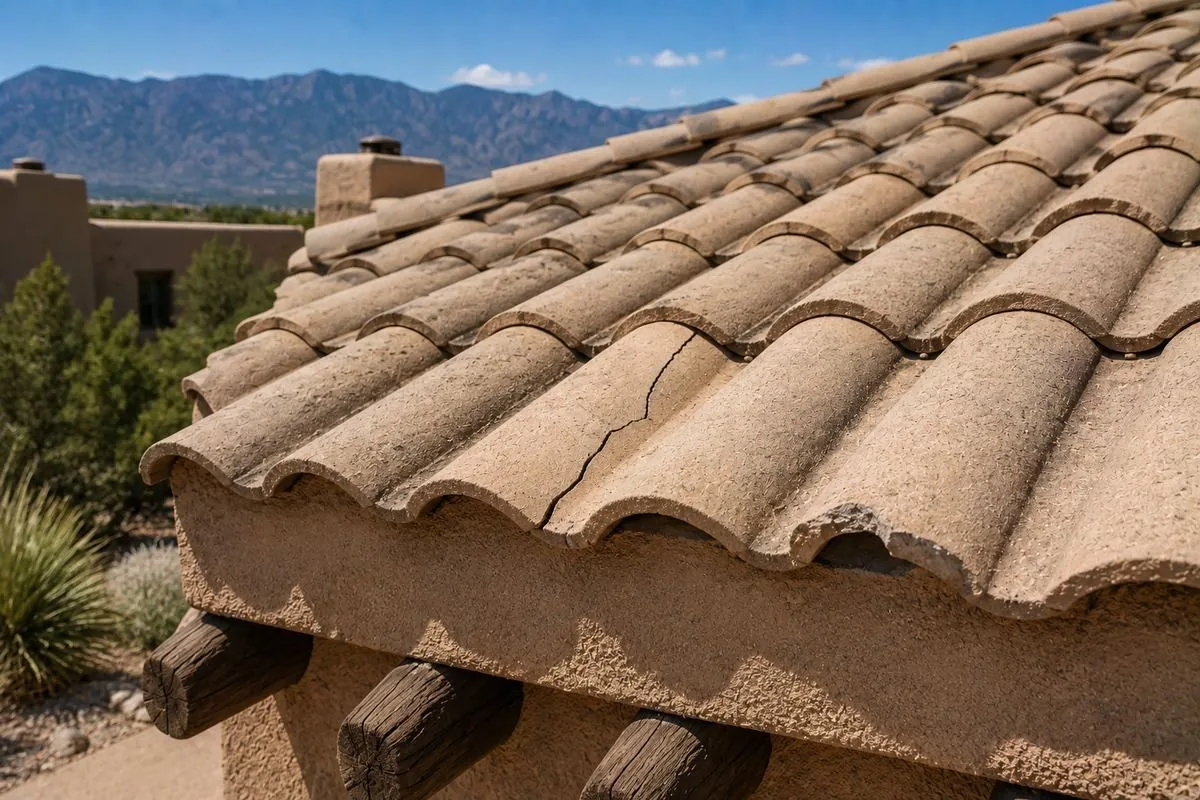 Same style clay tile roof showing a cracked tile