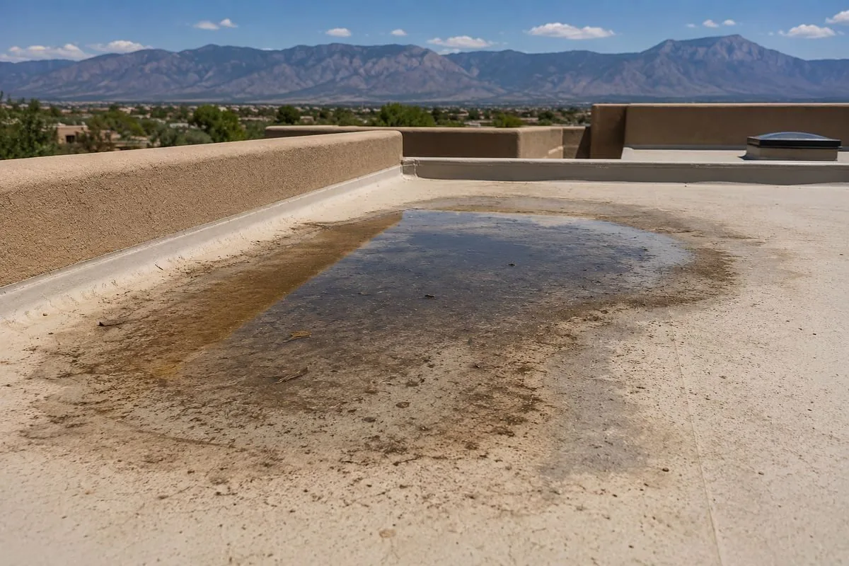 Same style coated flat roof with a pool of standing water after rain