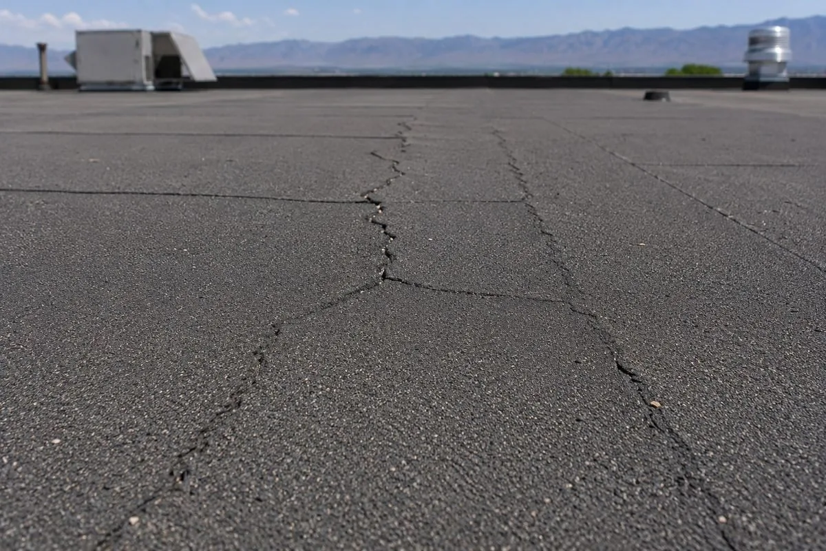 Same style modified bitumen roof cap sheet showing alligator cracking