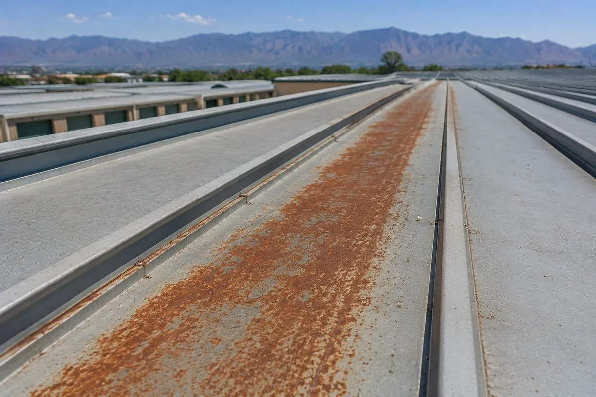 Same style standing-seam metal roof panel showing rust staining along a seam
