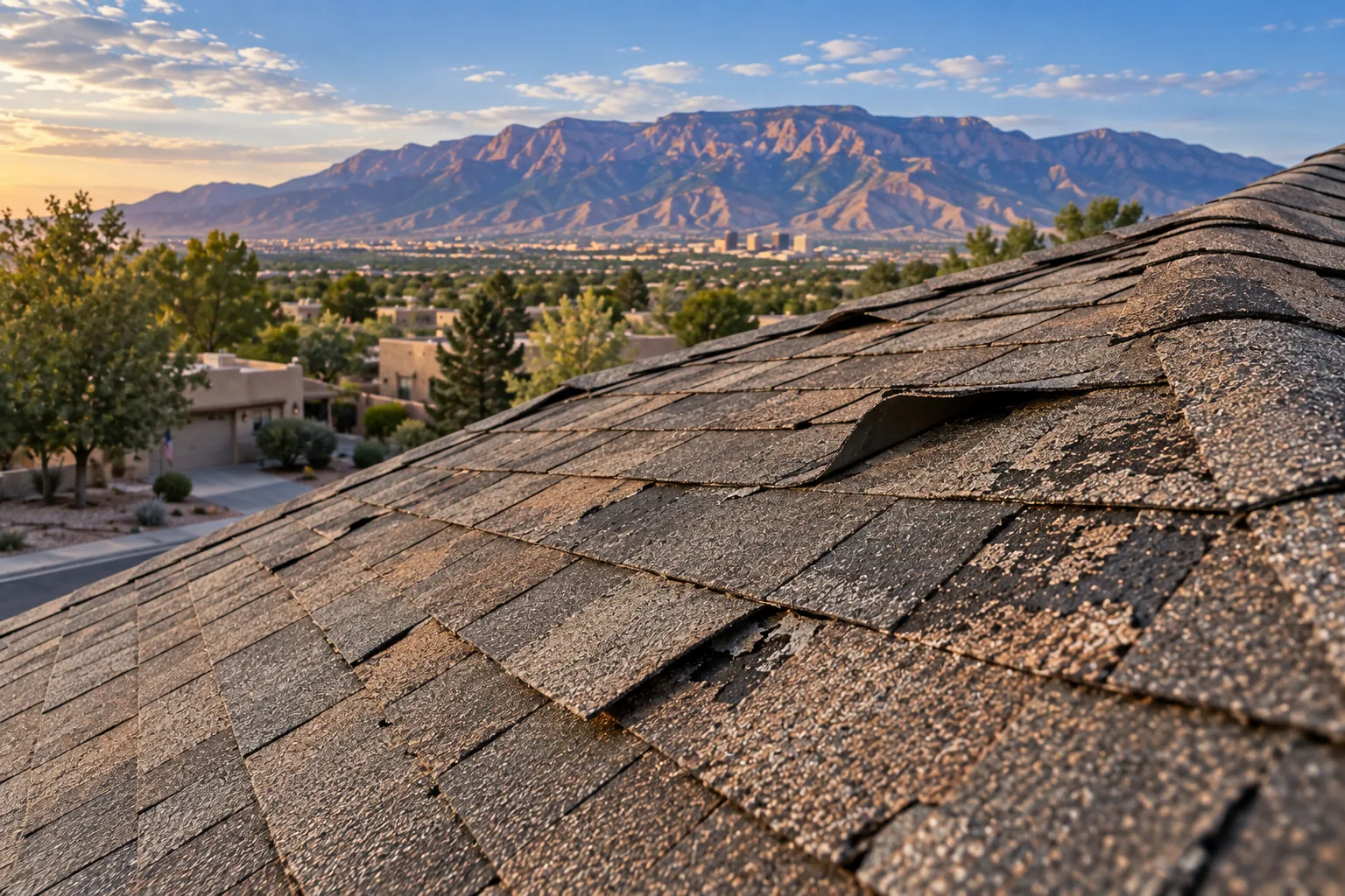Close-up of hail-damaged asphalt shingles on an Albuquerque roof with the Sandia Mountains skyline in the background