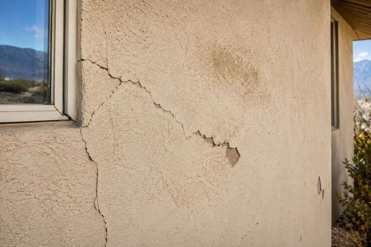 Stucco wall with a large diagonal crack and surface damage before repair