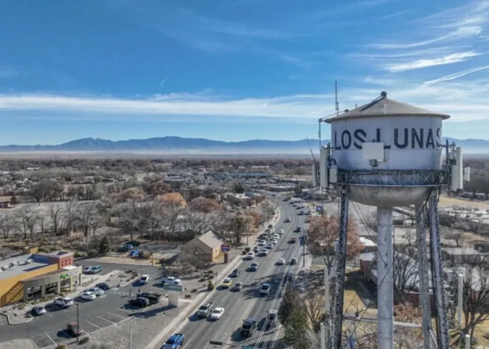 The Los Lunas water tower overlooking the town, with the Manzano Mountains in the background, NM