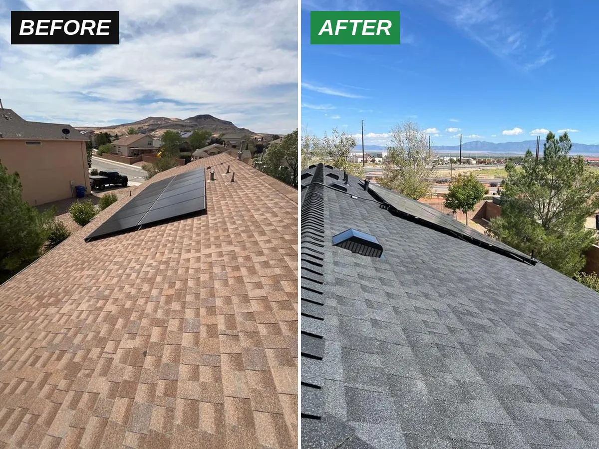 Before and after: hail-damaged tan shingle roof in Los Lunas, NM replaced with GAF Timberline NS Charcoal shingles by Timberwolf Construction
