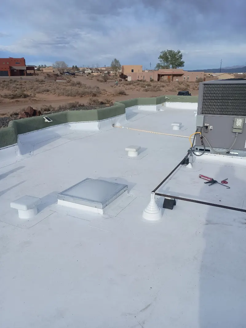 Commercial TPO roof with skylight and HVAC curbs
