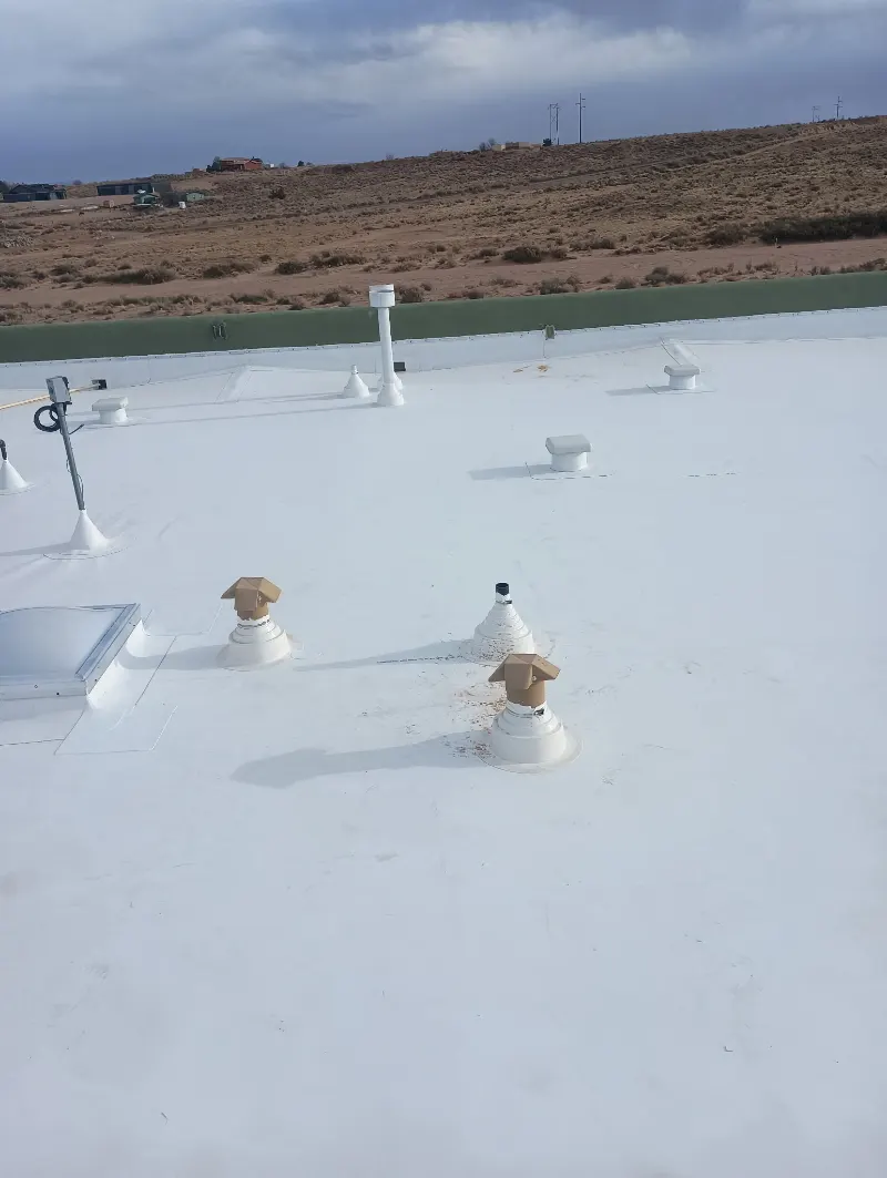 TPO flat roof with heat-welded boots around vents and penetrations