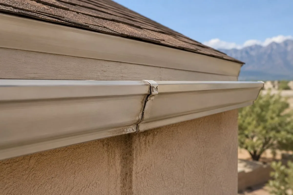 Weathered, stained seamless gutter on a stucco home