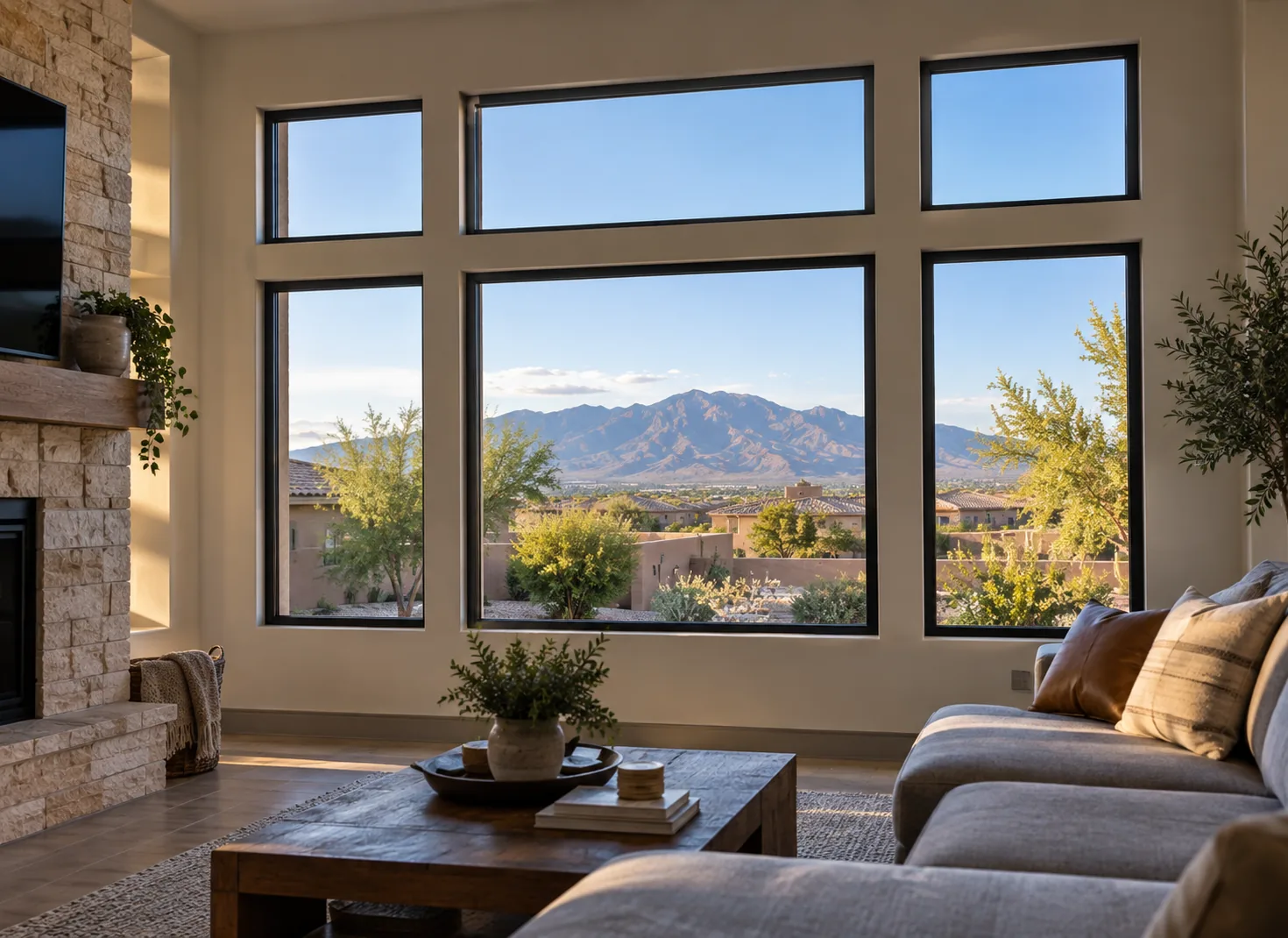 Living room with large black-framed windows showcasing a Sandia Mountains view