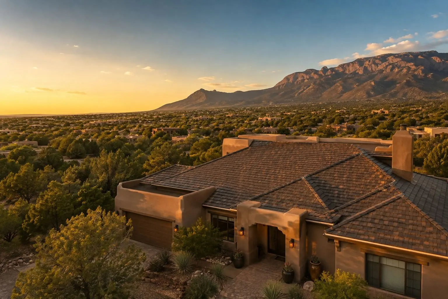 Asphalt shingle roof on a stucco home with the Sandia Mountains in the background, Albuquerque