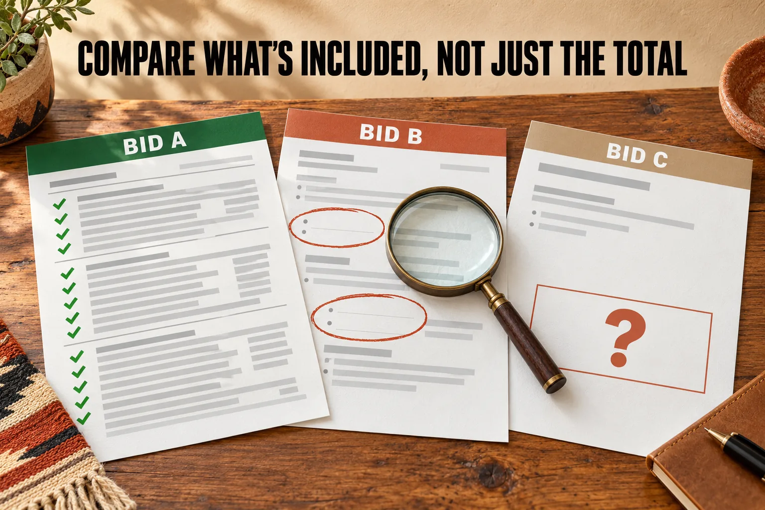 Three roofing bids on a table: Bid A fully itemized with check marks, Bid B with blank lines circled in red under a magnifying glass, and Bid C with a single total marked with a question mark.