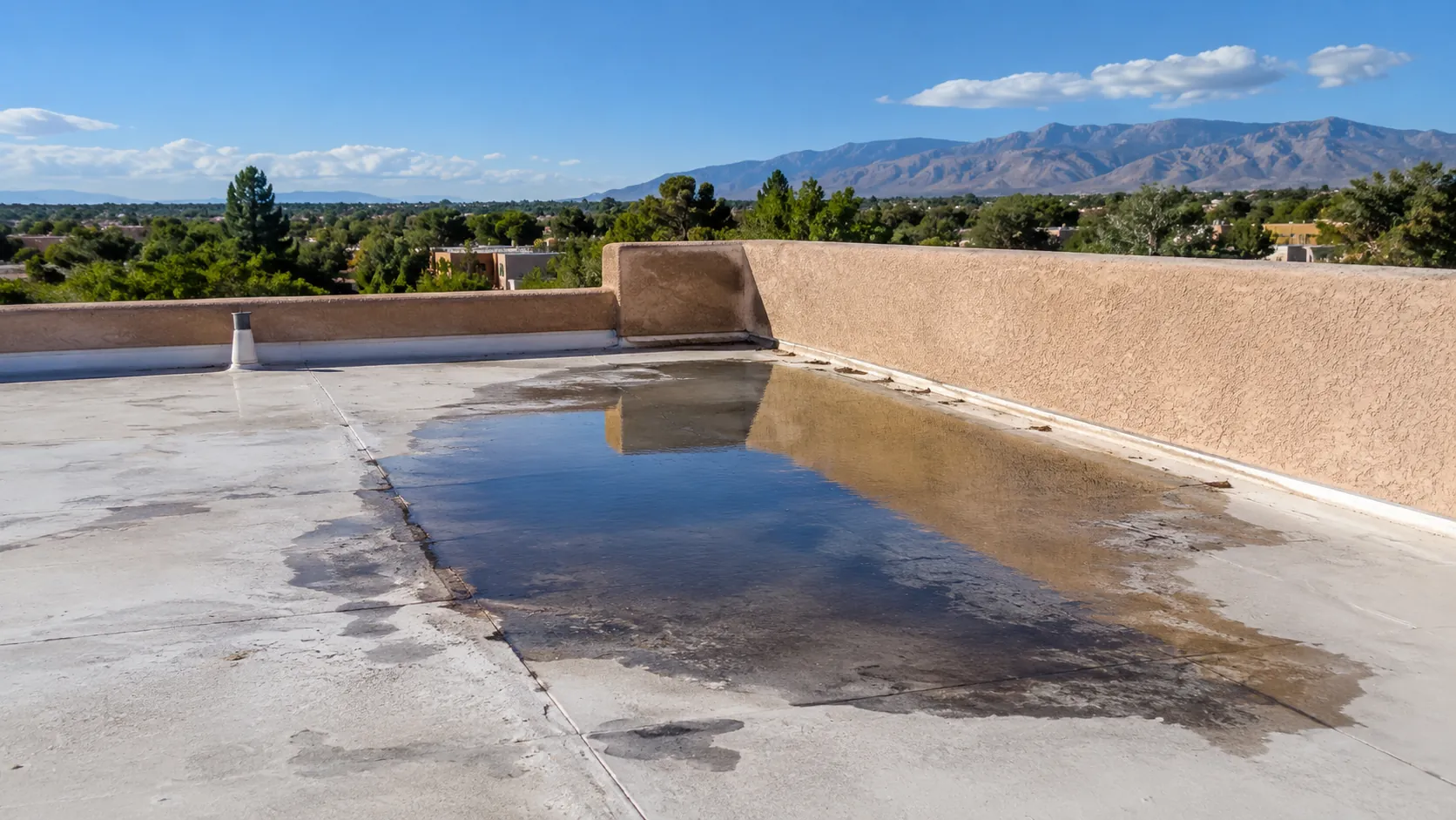 Standing water pooled in the corner of a flat roof against a stucco parapet, with dark staining around the edge of the puddle and the Sandia Mountains in the distance.
