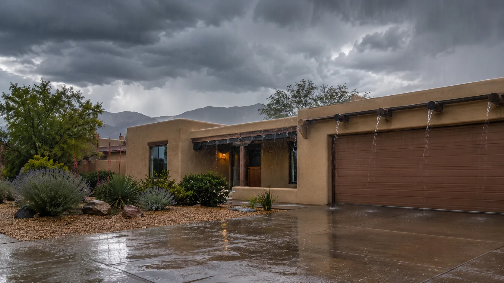 A tan Pueblo-style home during a monsoon storm, with water pouring from canales along the roofline onto a wet driveway.