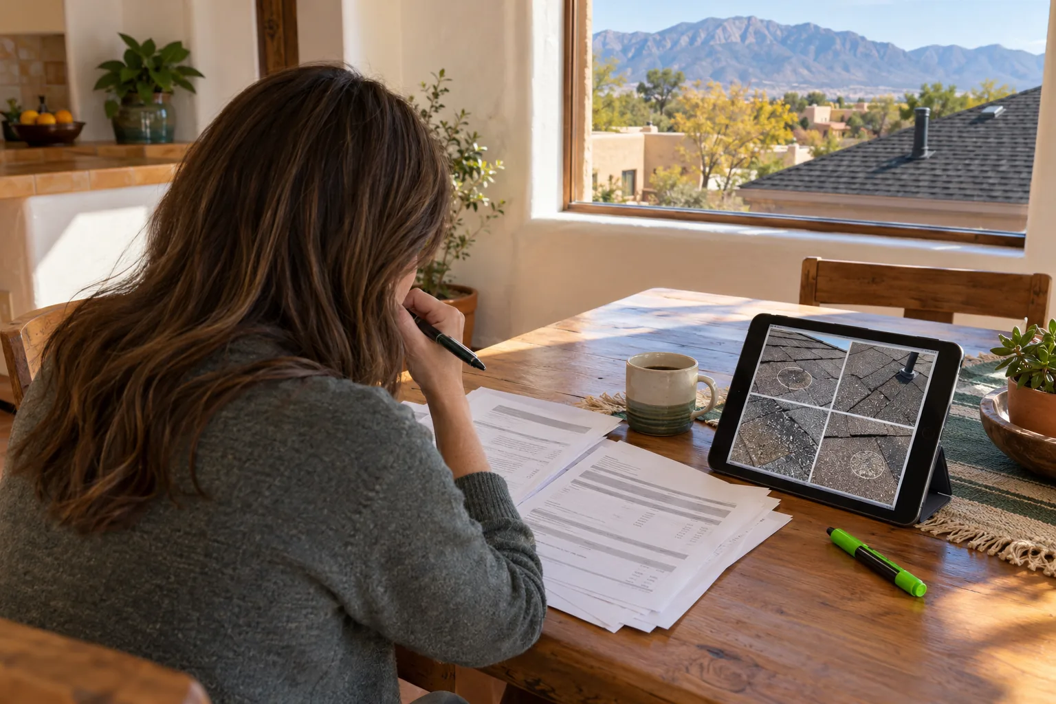 A homeowner at a kitchen table in an Albuquerque home reviews a printed roofing estimate next to a tablet showing roof photos with circled hail hits, with the Sandia Mountains outside the window.