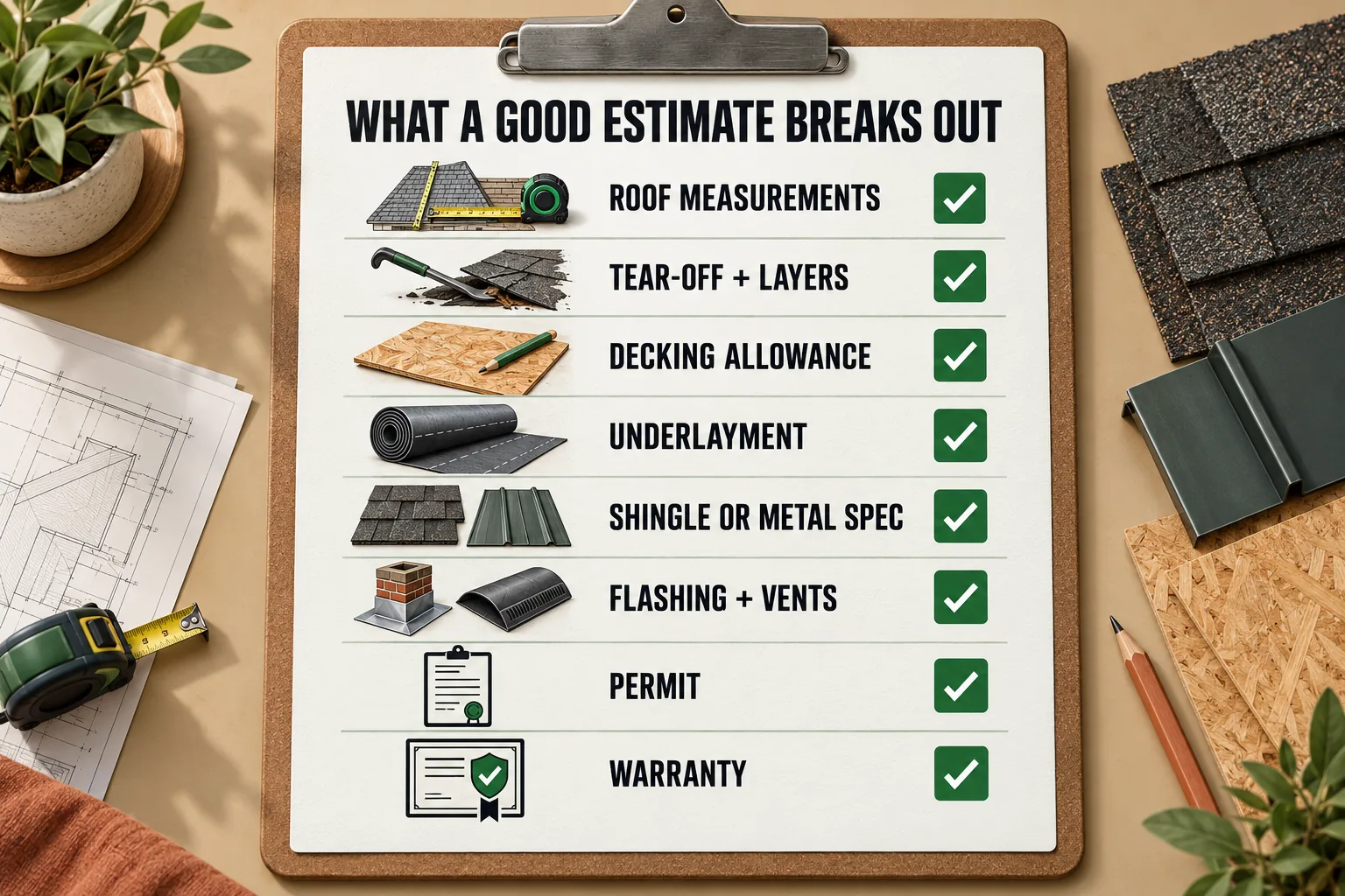 Clipboard checklist titled What a Good Estimate Breaks Out: roof measurements, tear-off and layers, decking allowance, underlayment, shingle or metal spec, flashing and vents, permit and warranty.