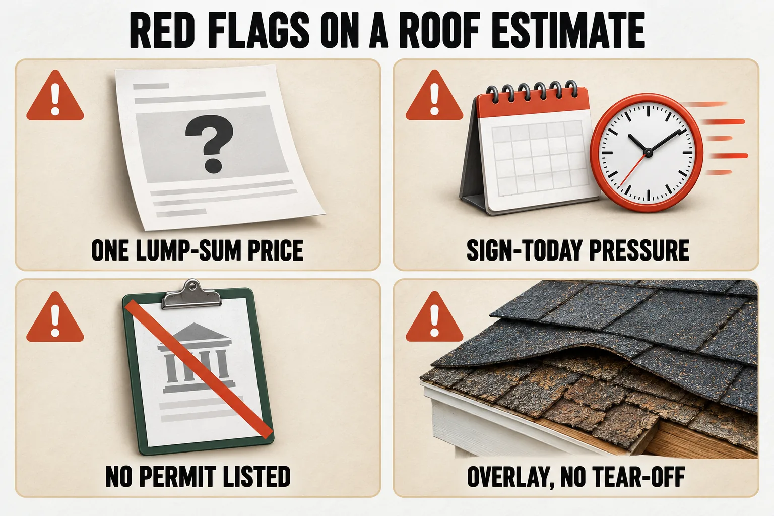 Four red flags on a roof estimate: one lump-sum price, sign-today pressure, no permit listed, and new shingles laid over old ones with no tear-off.