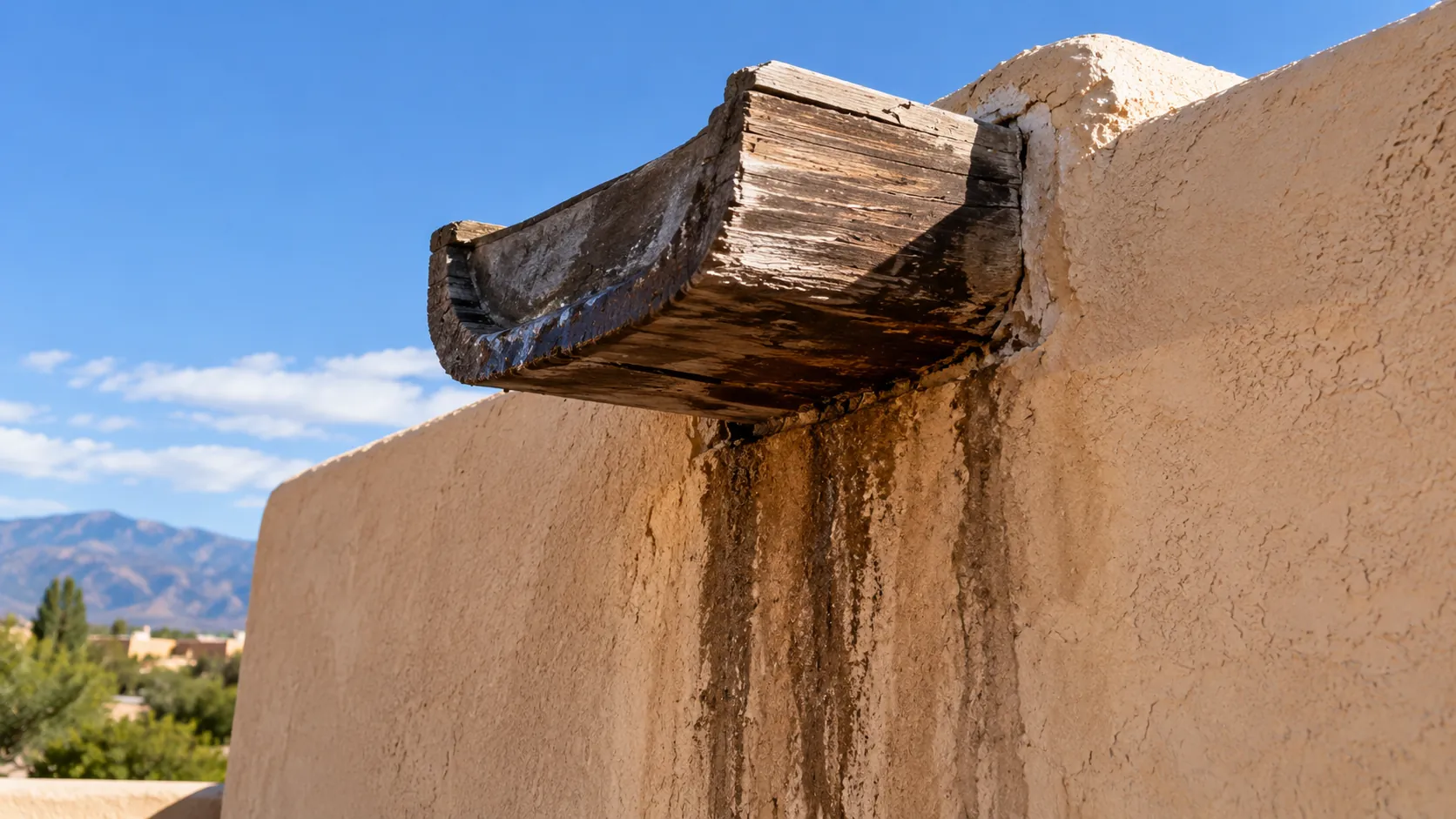 Close-up of a weathered wood canale sticking out of a stucco parapet, with dark water stains running down the wall below it.