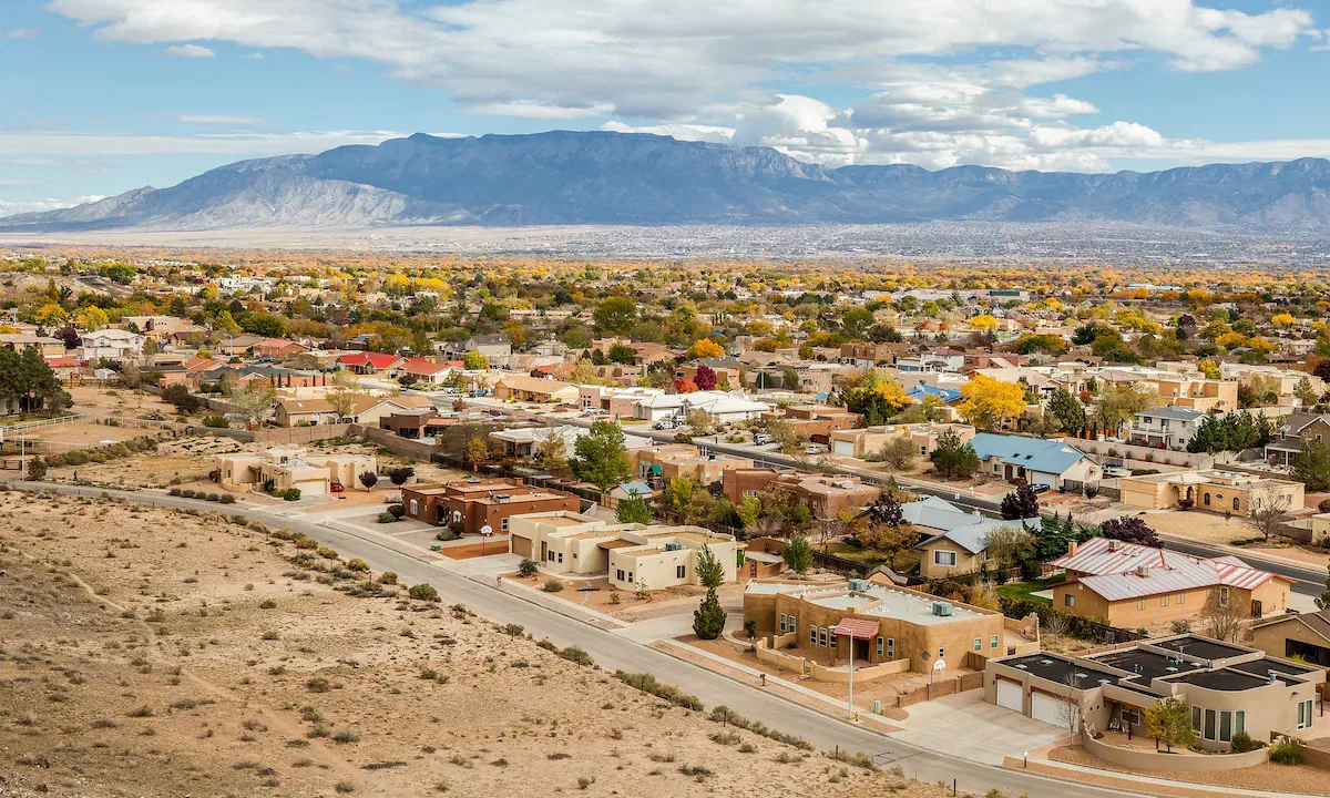 Aerial view of Bernalillo, NM with the Sandia Mountains in the background