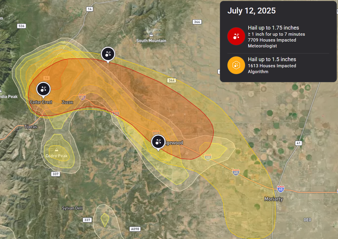 Hail swath map showing hail up to 1.75 inches crossing Cedar Crest, Zuzax, and Edgewood, NM on July 12, 2025, impacting an estimated 7,709 homes