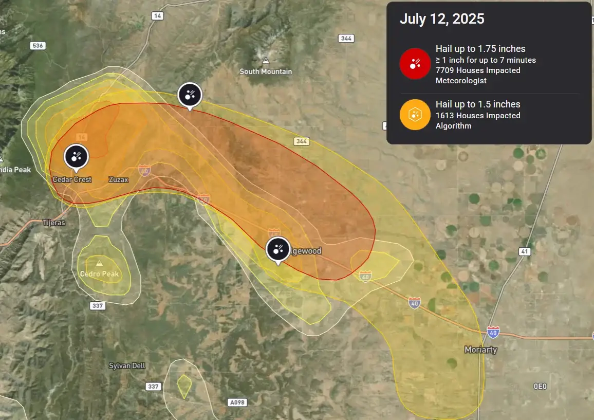 Hail swath map of the July 12, 2025 storm across Cedar Crest, Zuzax and Edgewood, NM