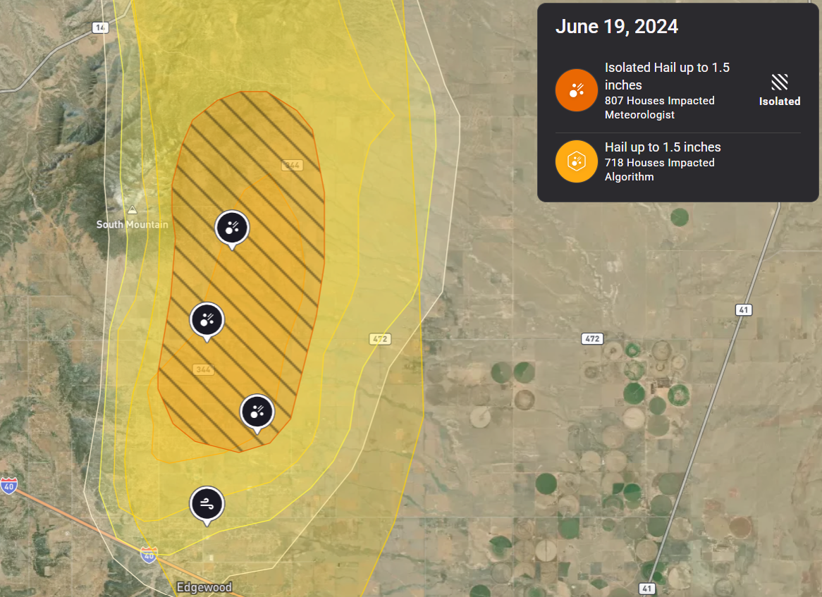 Hail swath map showing isolated hail up to 1.5 inches crossing the NM-344 corridor north of Edgewood, NM on June 19, 2024, impacting an estimated 807 homes