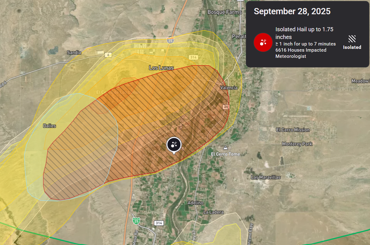Hail swath map showing isolated hail up to 1.75 inches crossing Los Lunas, Valencia, and El Cerro Tome, NM on September 28, 2025, impacting an estimated 6,616 homes