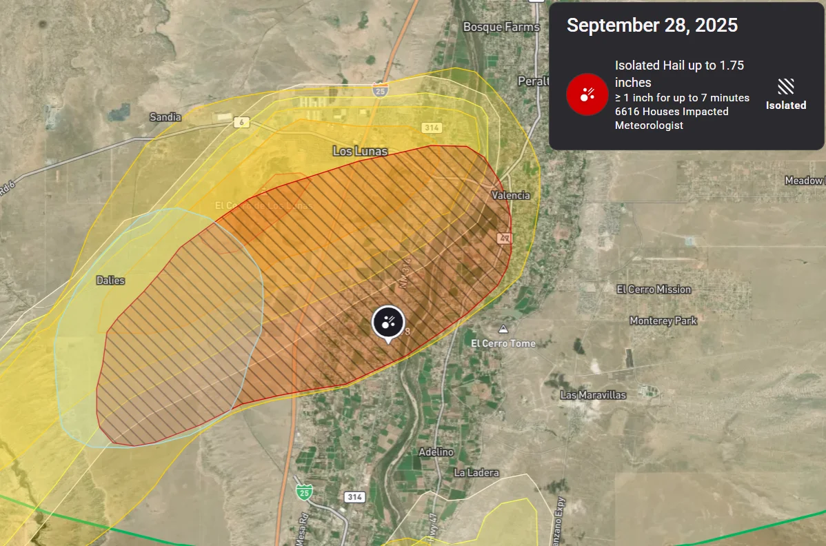Hail swath map showing isolated hail up to 1.75 inches crossing Los Lunas, Valencia, and El Cerro Tome, NM on September 28, 2025, impacting an estimated 6,616 homes