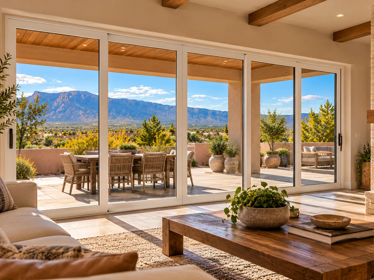 Four-panel sliding patio door opening to a patio with Sandia Mountain views (representative image)
