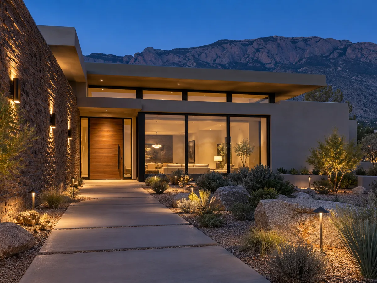 Black-framed picture windows on a modern foothills home (representative image)