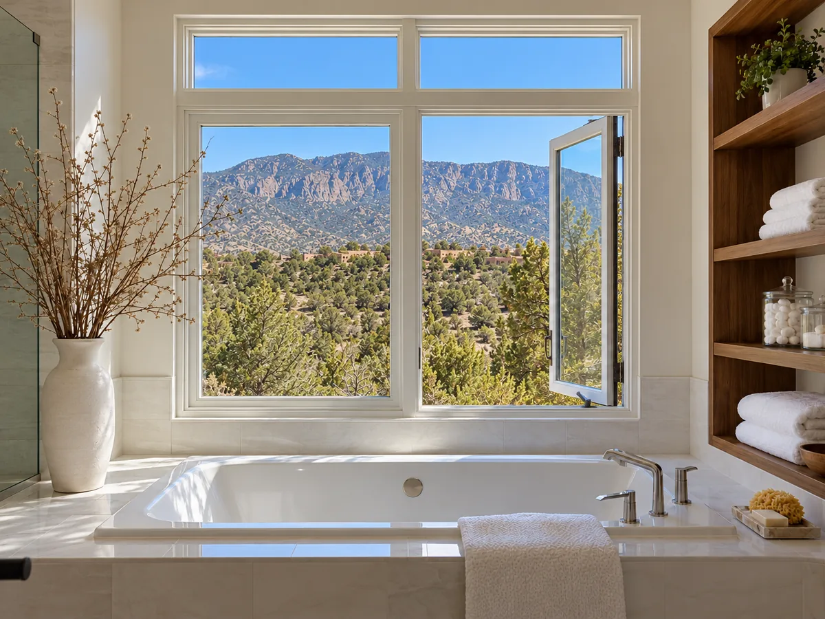 Casement window above a soaking tub with a Sandia Mountain view (representative image)