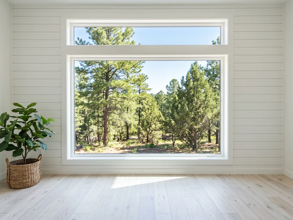 Picture window with transom looking out to ponderosa pines (representative image)