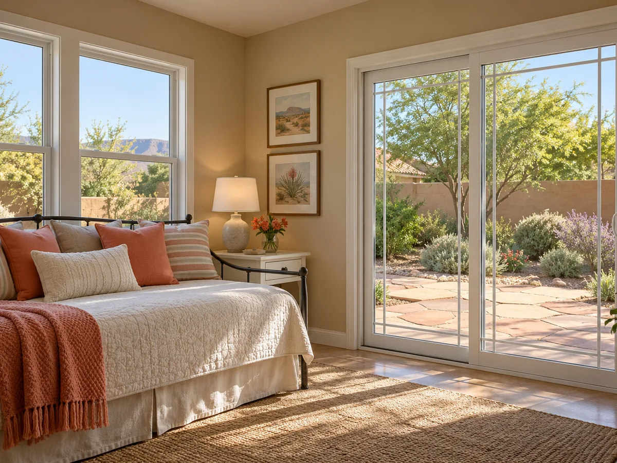 Sliding patio door with prairie grids opening to a desert garden (representative image)