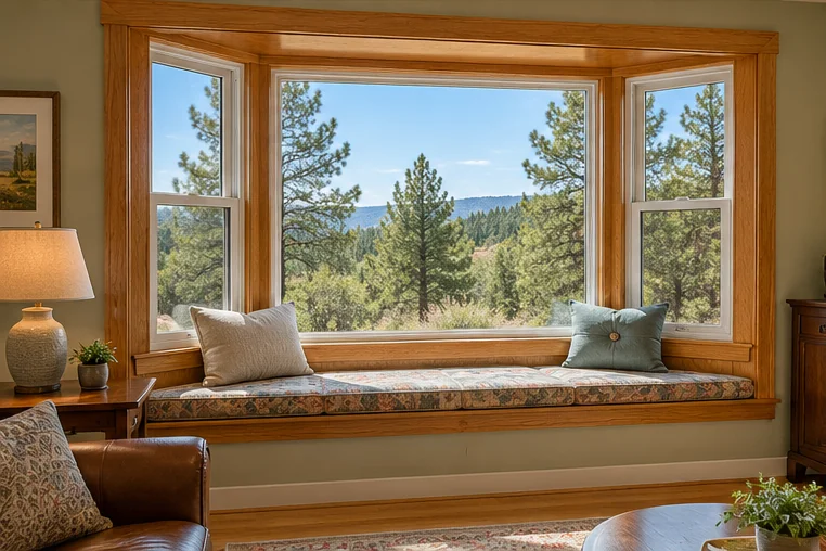 Bay window with oak trim and window seat overlooking pines (representative image)