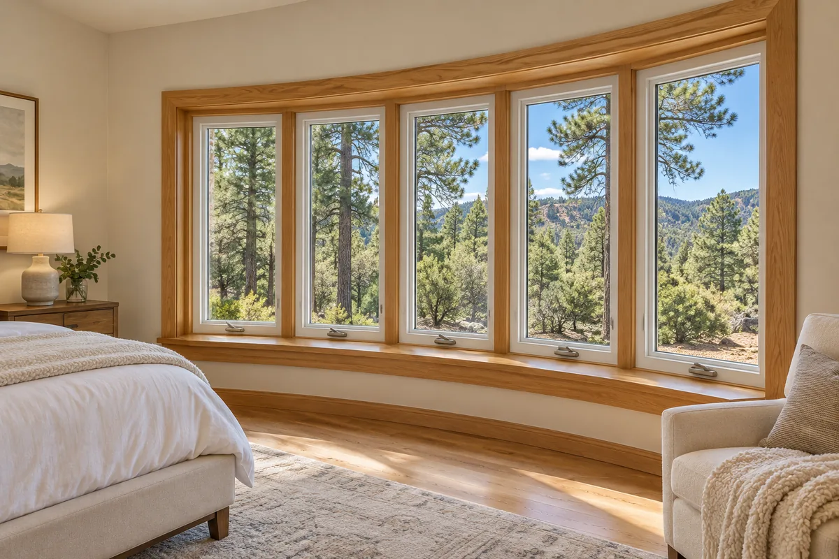 Five-unit bow window with oak trim in a bedroom overlooking pines (representative image)
