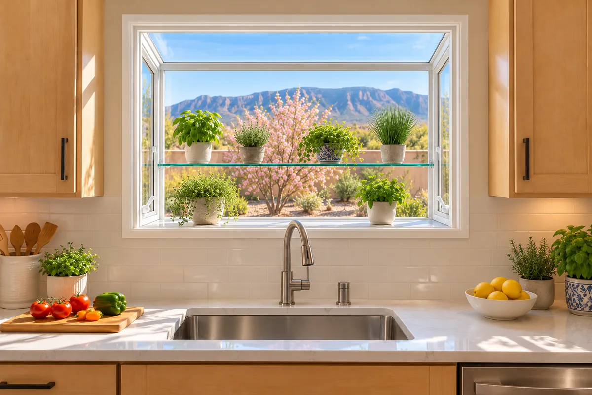Garden window with herb shelf over a kitchen sink (representative image)