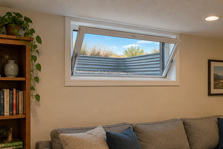 Hopper window tilted open in a finished basement (representative image)