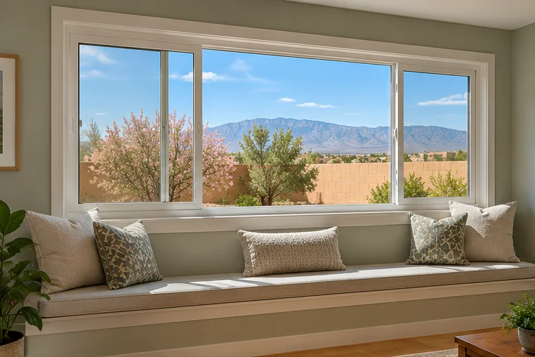 Three-lite sliding window above a window seat with a Sandia Mountain view (representative image)